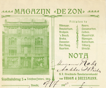 711569 Kop van een nota van Magazijn “De Zon”, N.V. Utrechtsche Manufacturenhandel van Vroom & Dreesmann, Stadhuisbrug ...